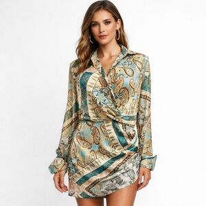 Seashell Paisley Wrap Mini Dress Boho Coastal Chic Long Sleeve